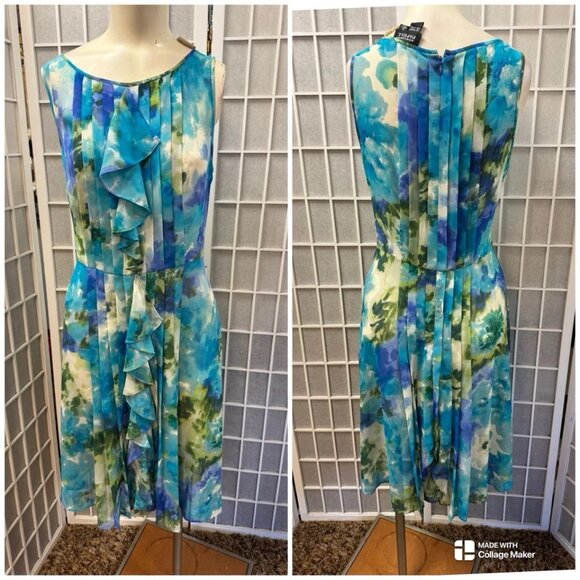 Adrianna Papell, Spring Dress,Blue, Sz 12,Sleeveless, Pleated,Ruffles,Zipper,.! - Picture 2 of 11